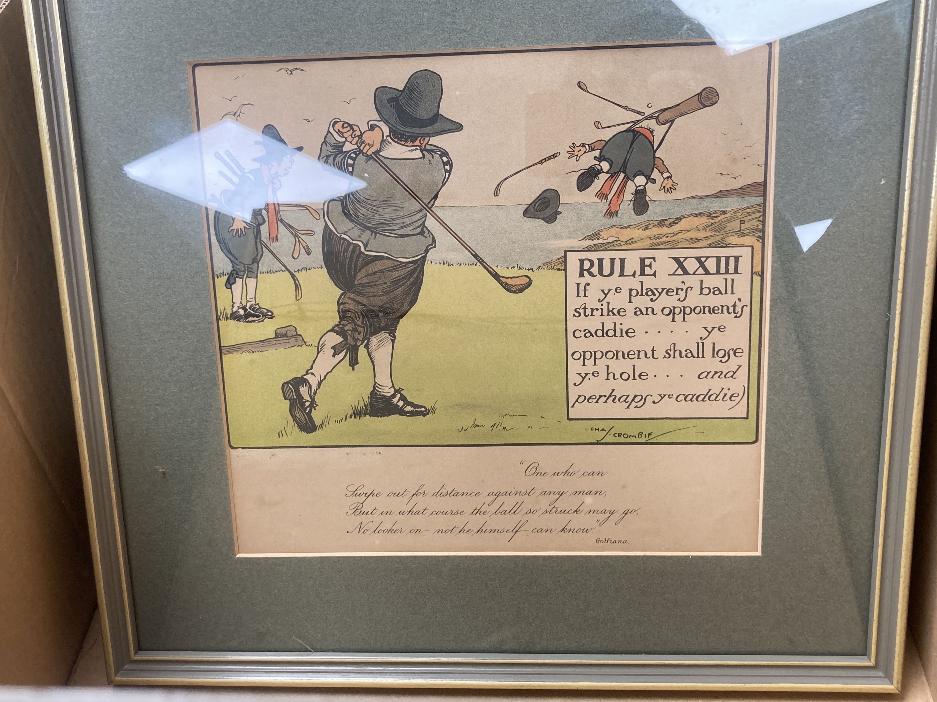 Charles Crombie, set of twelve comical golfing prints, Perrier Golf Rules